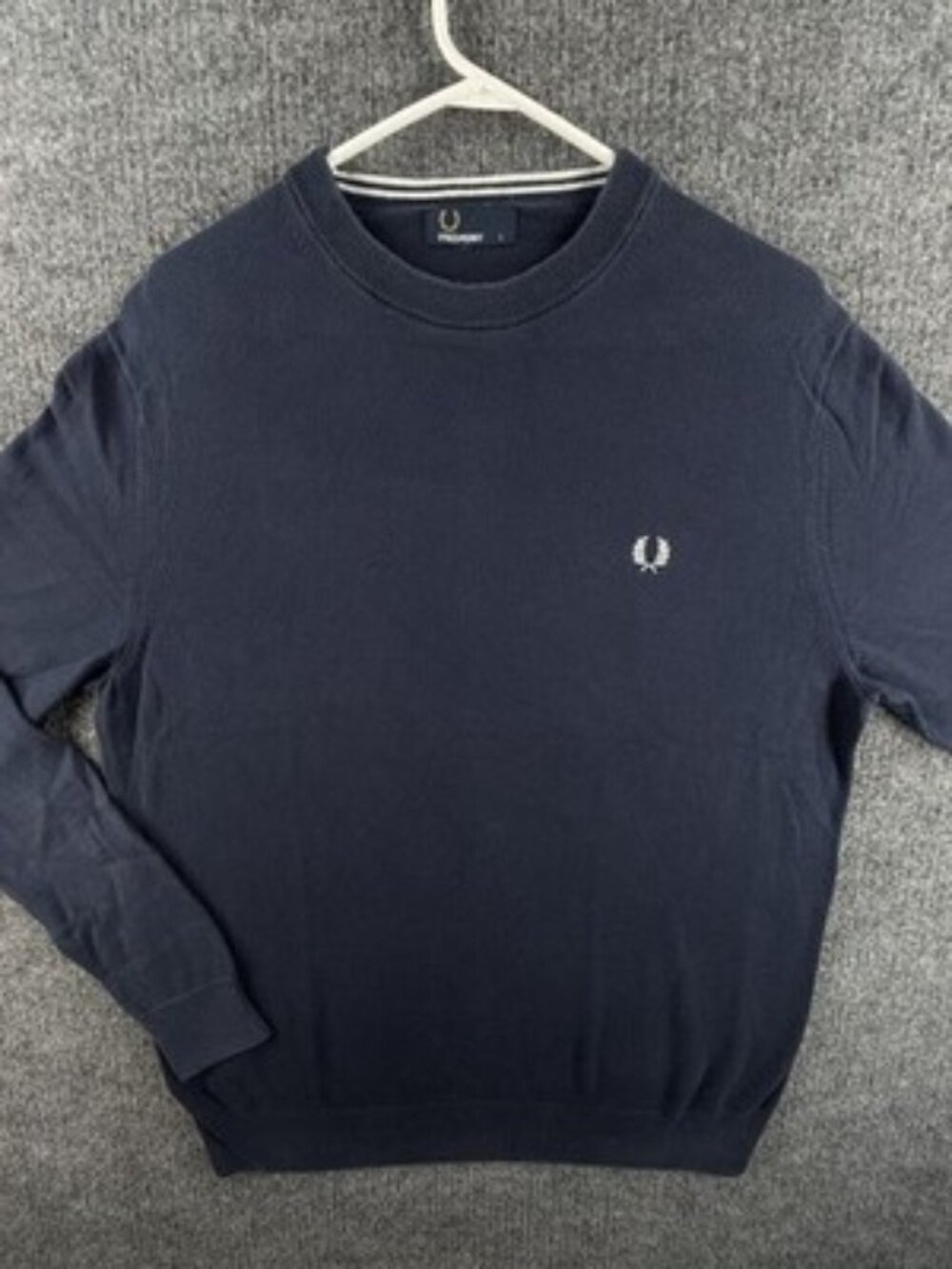 Fred Perry Pullover Large Crew Neck Blue Long Sleeve Mens Logo Knit Solid Adult